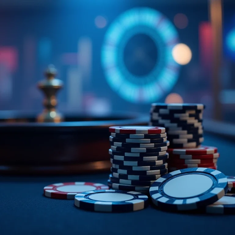 casino chips and roulette in blue tons in the foreground.